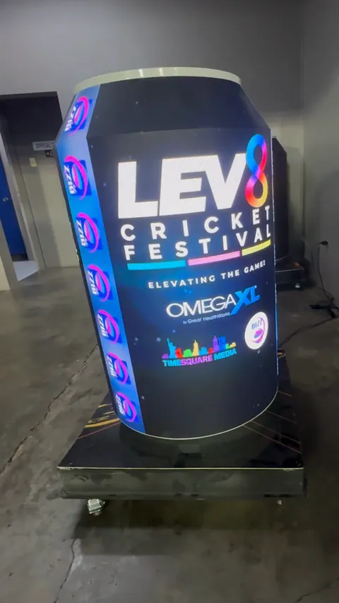 The Timesquare LED barrel, an LED beer can screen on castors, lit with the LEV8 Cricket Festival logo and OmegaXL as a partner
