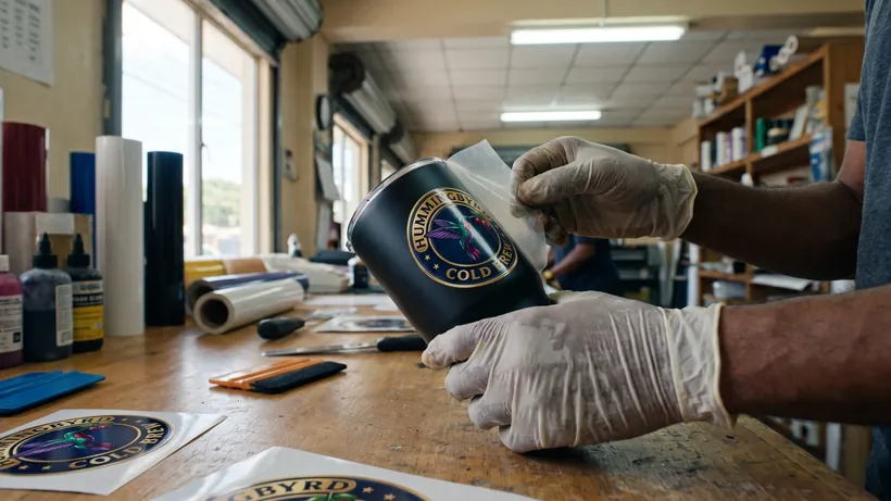 Gloved hands smoothing a UV DTF emblem onto a black steel tumbler