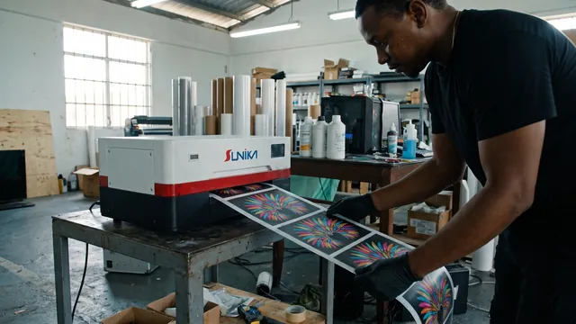 An operator pulling a printed transfer film off the Sunika DTF printer