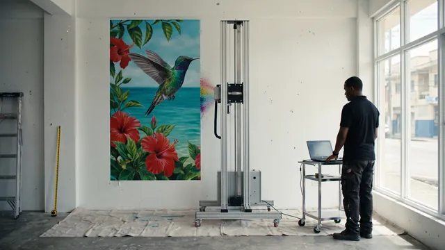 A vertical wall printer on its track printing a hummingbird and hibiscus mural straight onto a white cafe wall, an operator at a laptop beside it